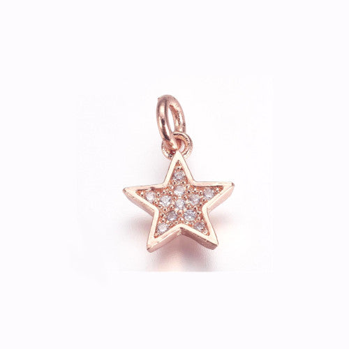 Charms, Brass, Micro Pave Cubic Zirconia Charms, Star, Single-Sided, Rose Gold, 11.5x10mm - BEADED CREATIONS