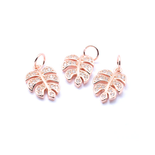 Charms, Brass, Micro Pave Cubic Zirconia Charms, Tropical Leaf, Single-Sided, Rose Gold, 14mm - BEADED CREATIONS