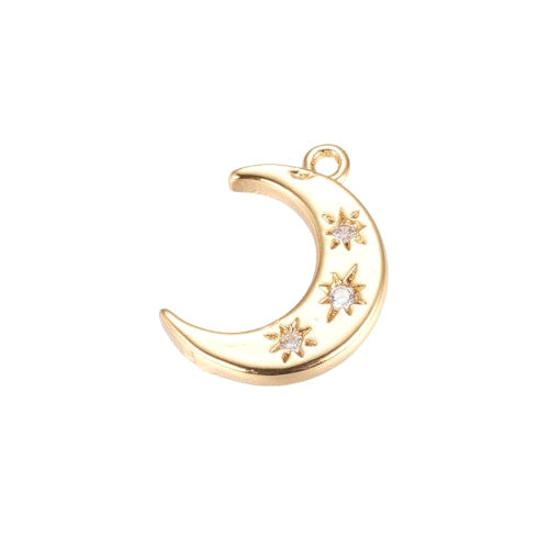 Charms, Brass, With Cubic Zirconia, Half Moon, Single-Sided, Golden, 16mm - BEADED CREATIONS