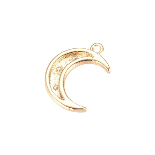 Charms, Brass, With Cubic Zirconia, Half Moon, Single-Sided, Golden, 16mm - BEADED CREATIONS