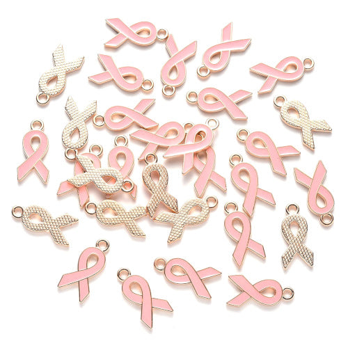 Charms, Breast Cancer Awareness Ribbon, Pink, Enamel, Gold Plated, 20mm - BEADED CREATIONS