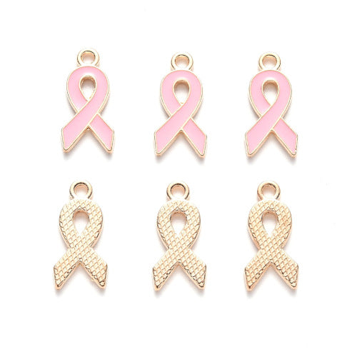 Charms, Breast Cancer Awareness Ribbon, Pink, Enamel, Gold Plated, 20mm - BEADED CREATIONS