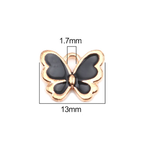 Charms, Butterfly, Black, Enamel, Golden, Alloy, 13mm - BEADED CREATIONS