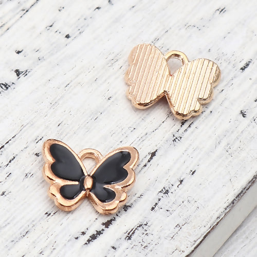 Charms, Butterfly, Black, Enamel, Golden, Alloy, 13mm - BEADED CREATIONS