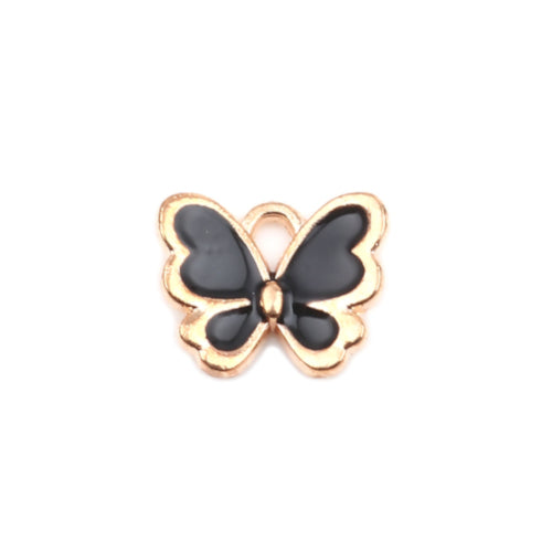 Charms, Butterfly, Single-Sided, Golden, Black, Enameled, Alloy, 13mm - BEADED CREATIONS