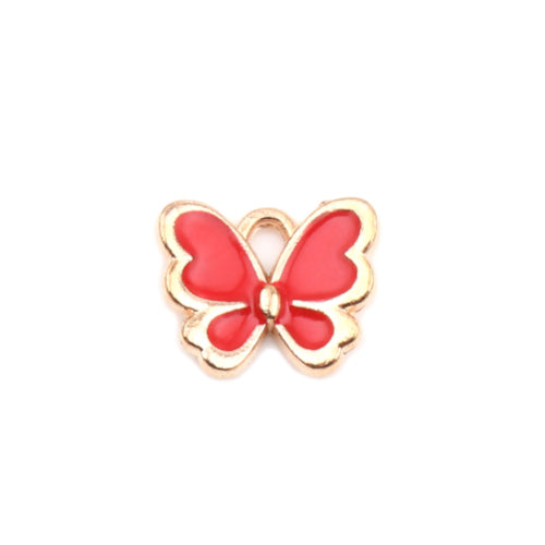 Charms, Butterfly, Single-Sided, Golden, Red, Enameled, Alloy, 13mm - BEADED CREATIONS