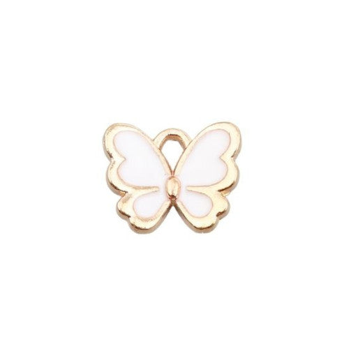 Charms, Butterfly, White, Enamel, Golden, Alloy, 13mm - BEADED CREATIONS