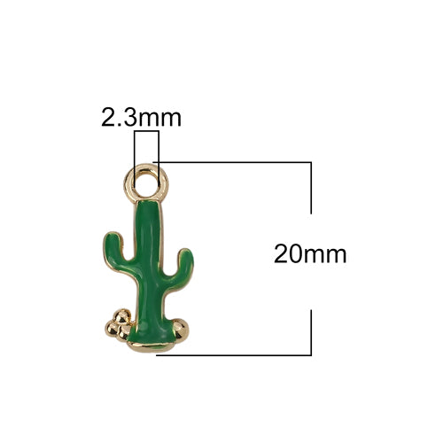 Charms, Cactus, Green, Enamel, Gold Plated, Alloy, 20mm - BEADED CREATIONS