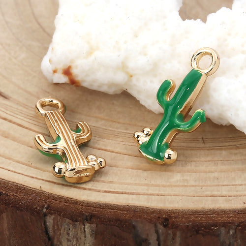 Charms, Cactus, Green, Enamel, Gold Plated, Alloy, 20mm - BEADED CREATIONS