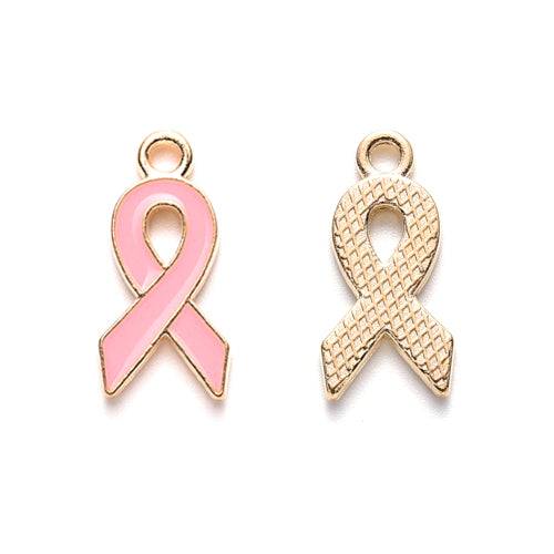 Charms, Cancer, Awareness, Ribbon, Light Gold Plated, Alloy, Pink Enamel, 20mm - BEADED CREATIONS