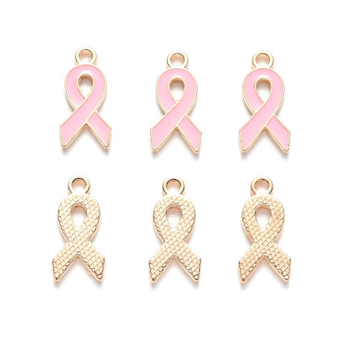 Charms, Cancer, Awareness, Ribbon, Light Gold Plated, Alloy, Pink Enamel, 20mm - BEADED CREATIONS