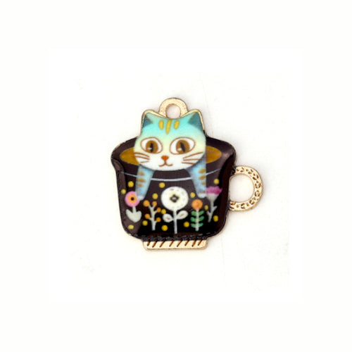 Charms, Cat In Cup, Black, Floral, Enameled, Light Gold, Alloy, 23mm - BEADED CREATIONS