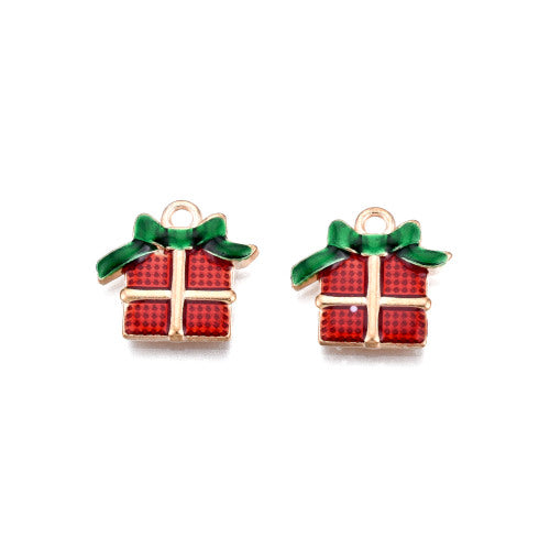 Charms, Christmas Gift Box, Red, Green, Enamel, Gold Plated, 15mm - BEADED CREATIONS