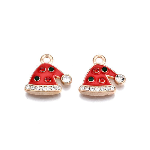 Charms, Christmas Hat, With Crystals, Red, Enamel, Gold Plated, 15.5mm - BEADED CREATIONS