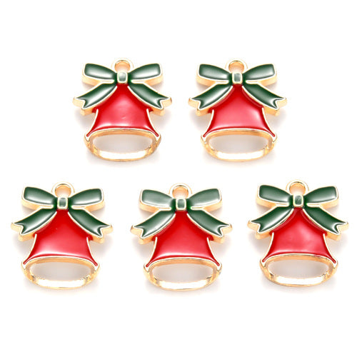 Charms, Christmas Jingle Bell, Red, Green, Enamel, Golden, Alloy, 16mm - BEADED CREATIONS