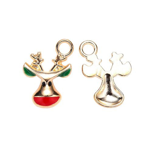 Charms, Christmas Reindeer, Red, Green, Enamel, Gold Plated, 17mm - BEADED CREATIONS