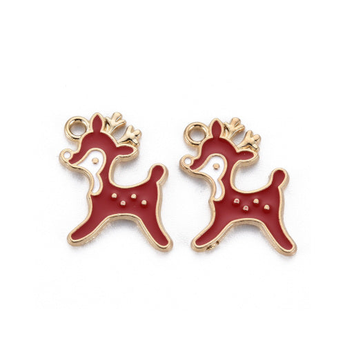 Charms, Christmas Reindeer, Red, White, Enamel, Gold Plated, 19.5mm - BEADED CREATIONS