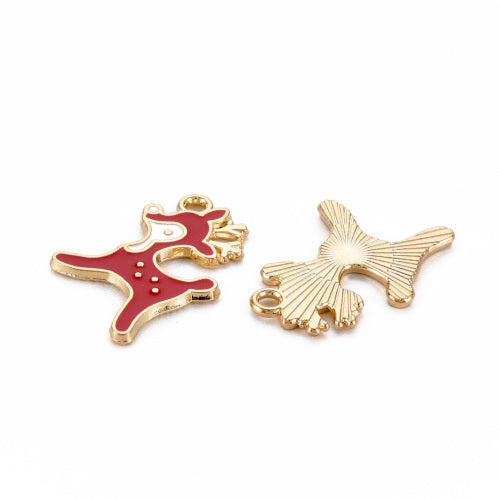 Charms, Christmas Reindeer, Red, White, Enamel, Gold Plated, 19.5mm - BEADED CREATIONS