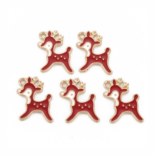 Charms, Christmas Reindeer, Red, White, Enamel, Gold Plated, 19.5mm - BEADED CREATIONS