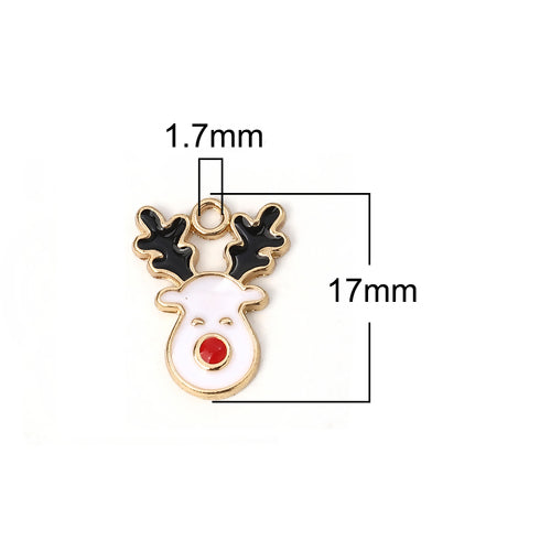 Charms, Christmas Reindeer, White, Black Enamel, Gold Plated, 17mm - BEADED CREATIONS