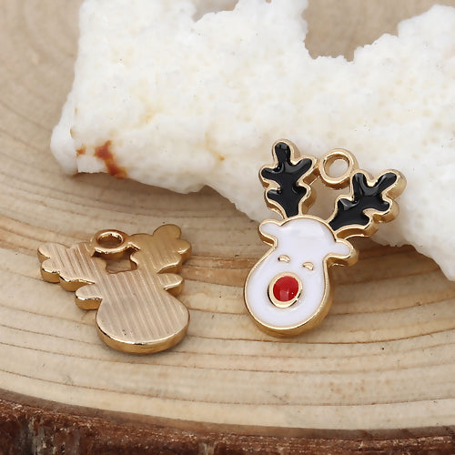 Charms, Christmas Reindeer, White, Black Enamel, Gold Plated, 17mm - BEADED CREATIONS