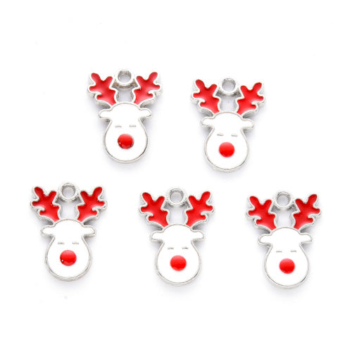 Charms, Christmas Reindeer, White, Red, Enamel, Silver Plated, 17mm - BEADED CREATIONS