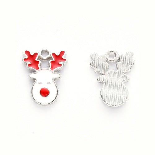 Charms, Christmas Reindeer, White, Red, Enamel, Silver Plated, 17mm - BEADED CREATIONS