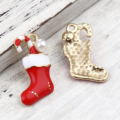 Charms, Christmas Stocking With Candy Cane, Gold Plated, 19mm - BEADED CREATIONS