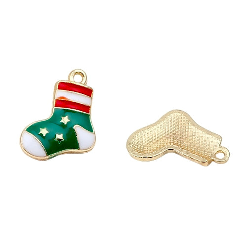 Charms, Christmas Stocking, Enamel, Gold Plated, Alloy, 15mm - BEADED CREATIONS