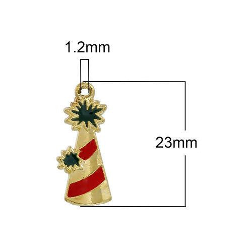 Charms, Christmas Tree, Single-Sided, Red, Green Enameled, Light Gold Alloy, 23mm - BEADED CREATIONS