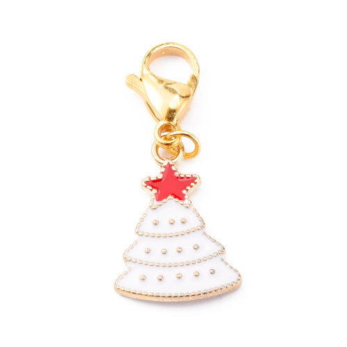 Charms, Christmas Tree, White, Red Enamel, With Clasp, Gold Plated, 39mm - BEADED CREATIONS