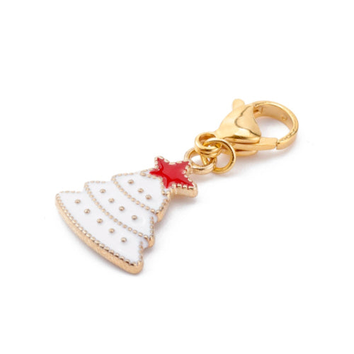 Charms, Christmas Tree, White, Red Enamel, With Clasp, Gold Plated, 39mm - BEADED CREATIONS