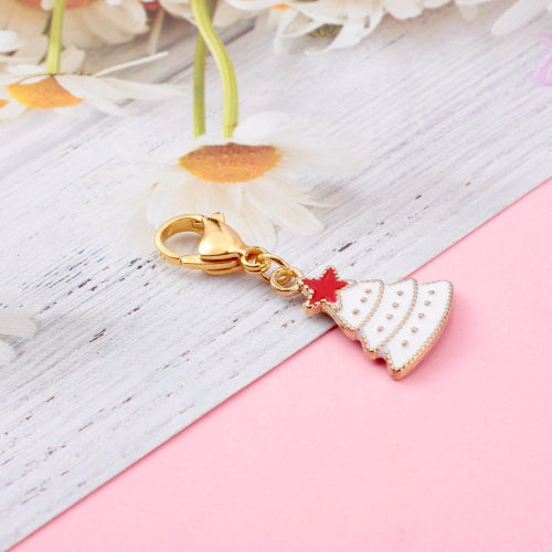 Charms, Christmas Tree, White, Red Enamel, With Clasp, Gold Plated, 39mm - BEADED CREATIONS