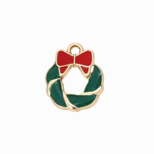 Charms, Christmas Wreath, Red, Green, Enamel, Gold Plated, 16mm - BEADED CREATIONS