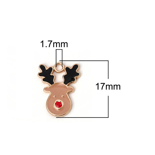 Charms, Christmas, Reindeer, Red, Black, Enamel, Golden, Alloy, 17mm - BEADED CREATIONS