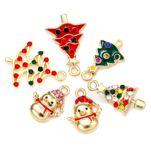 Charms, Christmas Theme, Assorted, Enamel, Rhinestones, Golden, Alloy - BEADED CREATIONS