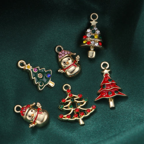 Charms, Christmas Theme, Assorted, Enamel, Rhinestones, Golden, Alloy - BEADED CREATIONS