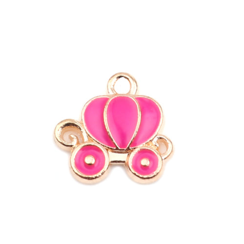 Charms, Cinderella Carriage, Dark Pink, Enamel, Gold Plated, 13mm - BEADED CREATIONS