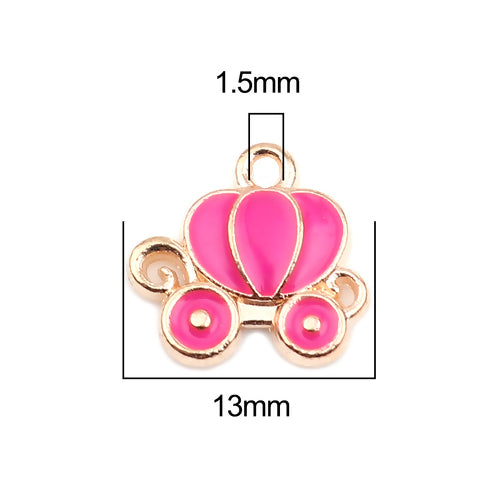 Charms, Cinderella Carriage, Dark Pink, Enamel, Gold Plated, 13mm - BEADED CREATIONS