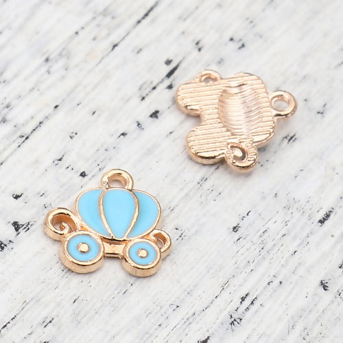 Charms, Cinderella Carriage, Light Sky Blue, Enamel, Gold Plated, 13mm - BEADED CREATIONS