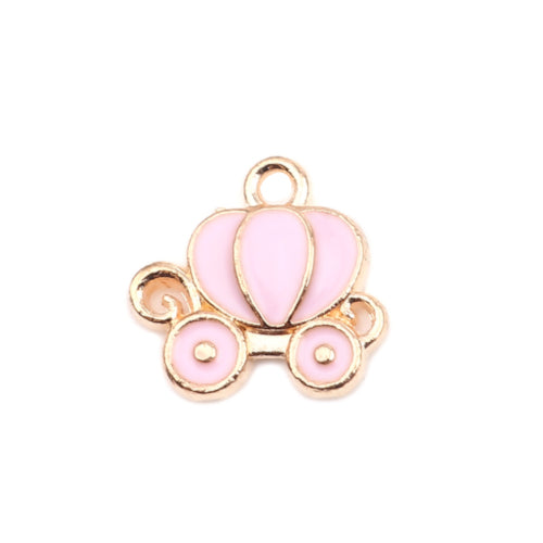 Charms, Cinderella Carriage, Single-Sided, Light Pink, Enameled, Golden, Alloy, 13mm - BEADED CREATIONS