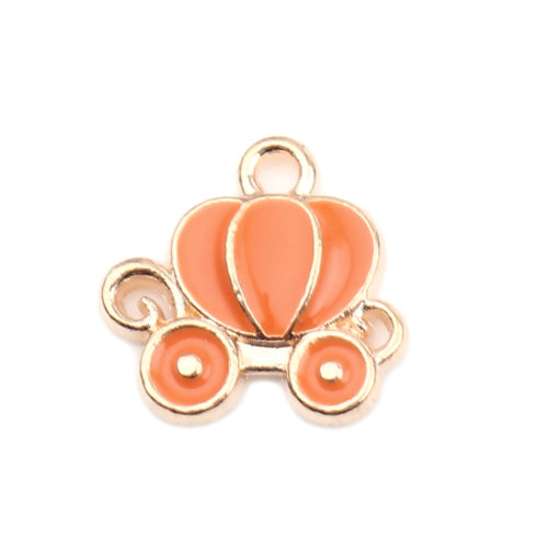 Charms, Cinderella Carriage, Single-Sided, Orange, Enameled, Golden, Alloy, 13mm - BEADED CREATIONS