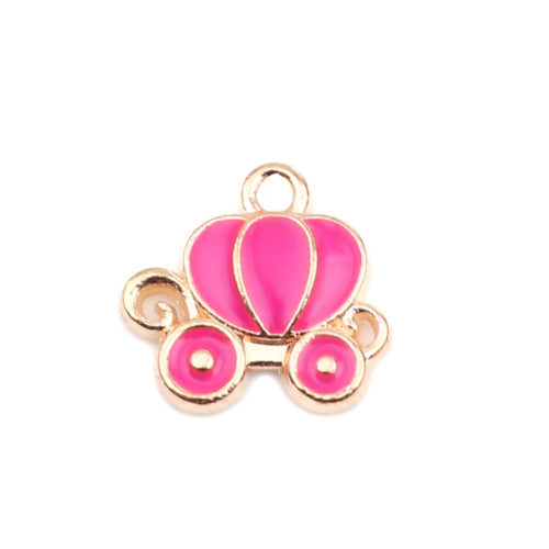 Charms, Cinderella Carriage, Single-Sided, Pink, Enameled, Golden, Alloy, 13mm - BEADED CREATIONS