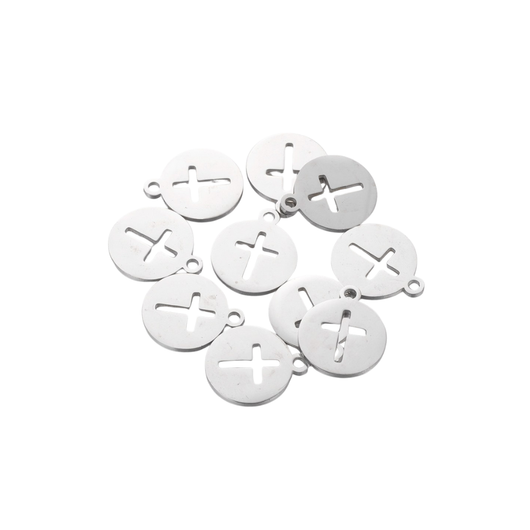 Charms, Cross, Round, Laser-Cut, Stainless Steel, Silver, 14mm - BEADED CREATIONS