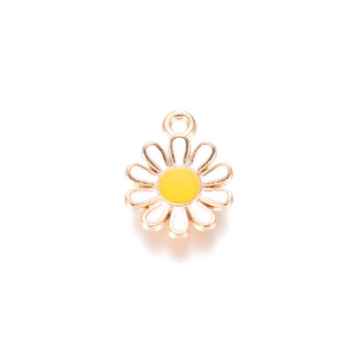 Charms, Daisy Flower, Enamel, White, Yellow, Light Gold, Alloy, 15mm - BEADED CREATIONS