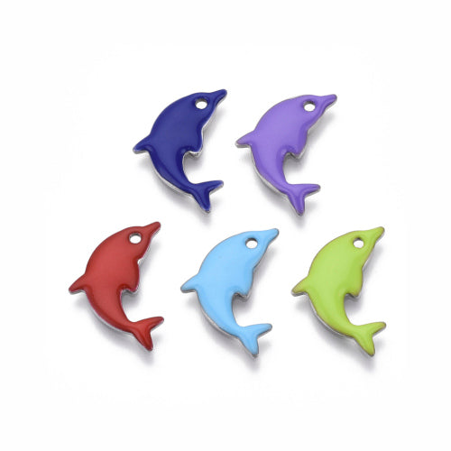 Charms, Dolphin, Enamel, Mixed Colors, Stainless Steel, 17mm - BEADED CREATIONS