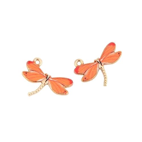 Charms, Dragonfly, Orange, Enamel, Gold Plated, Alloy, 22mm - BEADED CREATIONS