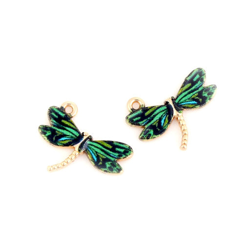 Charms, Dragonfly, Single-Sided, Golden, Green, Blue, Enameled, Alloy, 22mm - BEADED CREATIONS