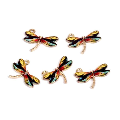 Charms, Dragonfly, Single-Sided, Golden, Multicolored, Enameled, Alloy, 22mm - BEADED CREATIONS