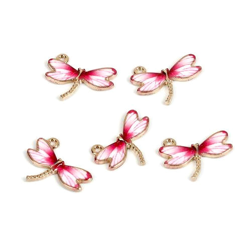 Charms, Dragonfly, Single-Sided, Golden, Pink, White, Enameled, Alloy, 22mm - BEADED CREATIONS